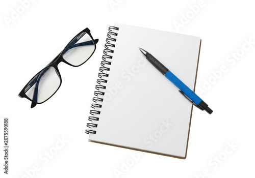 Glasses and notebook with pen on transparent background, study stationery set for writing and reading, office work supplies for education and planning.