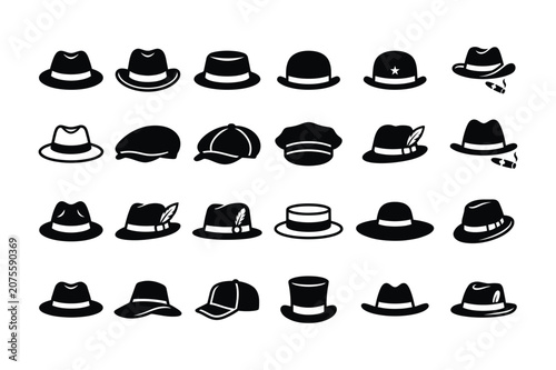 Black and white vector illustration of collection of various black hats and caps on for design