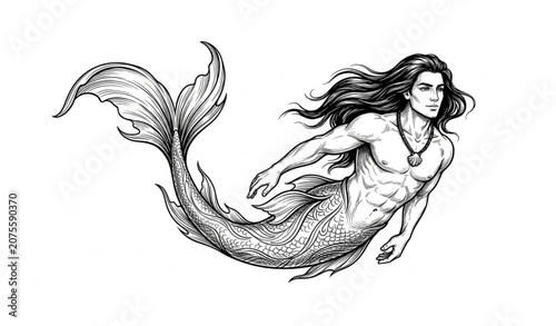 Handsome Merman Hand Drawn Fantasy Vector Illustration