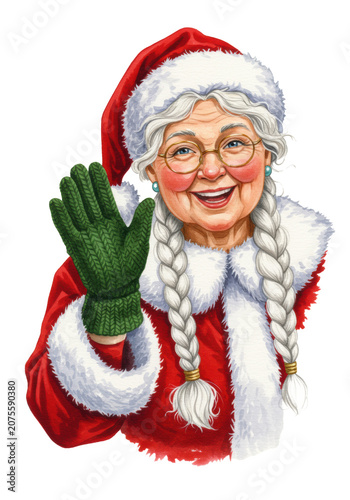 Elderly vibrant mrs. claus in festive red velvet and white fur, smiling warmly and waving a deep forest green knitted mitten against a transparent background. traditional watercolor illustration,
