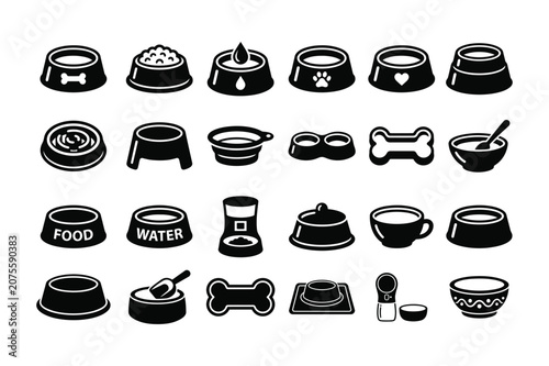 Black and white vector illustration of collection of various dog food and water bowl icons in black and white