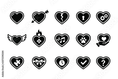 Heart Love Symbol Icon Collection Set - 15 Black Heart Emotion, Romance, Healthcare and Relationship Vector Icons Isolated on White Background