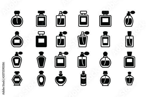 Black and white vector illustration of collection of various perfume bottle icons in black and white on a plain background