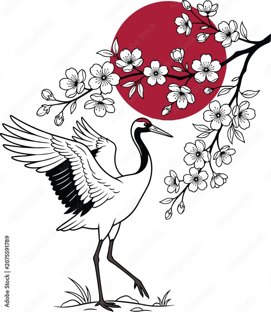 Obraz premium Japanese Crane with Cherry Blossom Traditional Oriental Vector Illustration