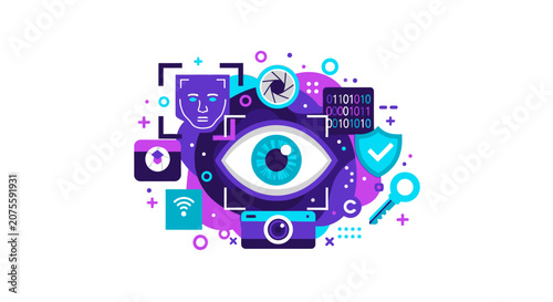 Biometric Security and Digital Surveillance Illustration featuring Facial Recognition, Cybersecurity, and Data Privacy Concepts