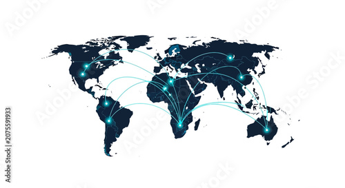 Global Network Connection Concept with Dark Blue World Map and Glowing Digital Data Communication Lines