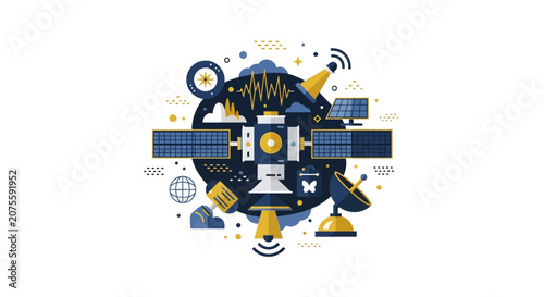 Flat Vector Illustration of Global Communication Satellite and Space Technology Icons on White Background