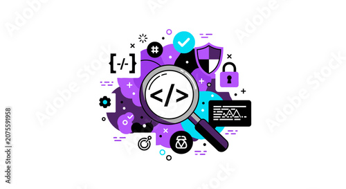 Software Development and Cybersecurity Concept Illustration with Code, Magnifying Glass, Lock, and Shield Icons