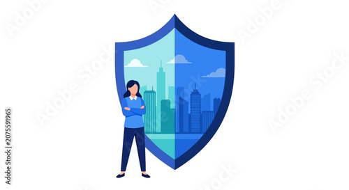 Professional Woman Standing in Front of a Shield Protecting City Skyline, Concept of Business Security and Urban Safety