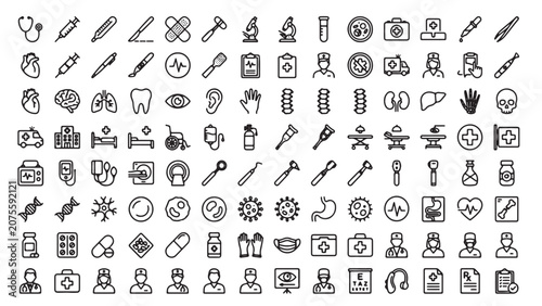 Cuadro en lienzo Comprehensive education and school icon set featuring a vast collection of academic, scientific, and stationery symbols for learning materials, school projects, and educational design applications