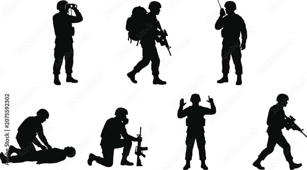Obraz premium Military Soldier Silhouette Collection with Tactical Patrol Communication Rescue and Combat Poses