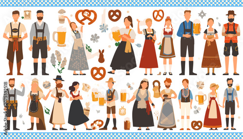 Tableau sur toile A large collection of diverse people dressed in traditional Bavarian Oktoberfest attire, holding beer steins and surrounded by pretzels and festive decorations