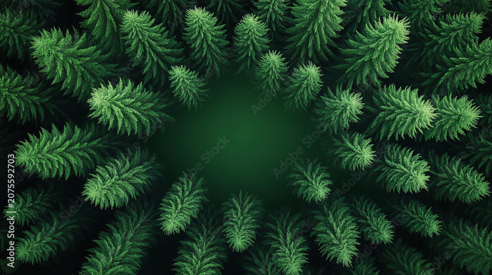 Fototapeta premium Lush evergreen foliage forming a circular pattern around a central space.