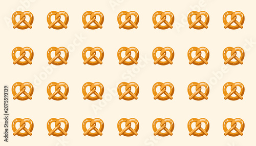 Foto A repeating pattern of golden-brown pretzels arranged in neat rows on a light beige background, creating a delicious and uniform snack motif