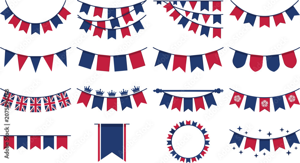 Obraz premium United Kingdom Union Jack Bunting Garland Vector Illustration Set with Blue Red White Patriotic Pennant Flags for British National Celebrations and Royal Events
