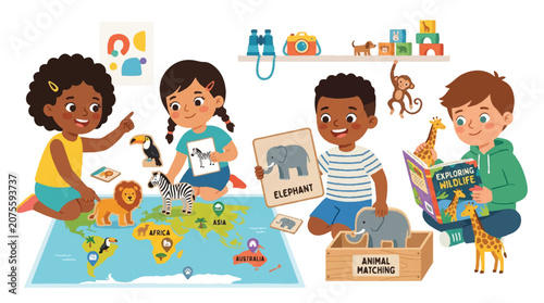 Children Exploring World Map in Classroom Learning Activity.