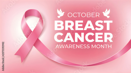 October breast cancer awareness month poster with pink ribbon and white doves as symbol of peace and hope for healthcare campaign and medical support for women worldwide for prevention.