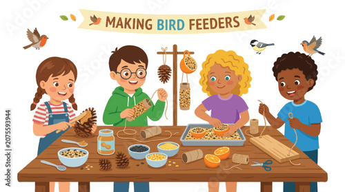 Children gather around a table to craft and assemble bird feeders together.