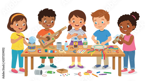 Group of diverse children engaging in arts and crafts at a colorful table for creative learning and play.