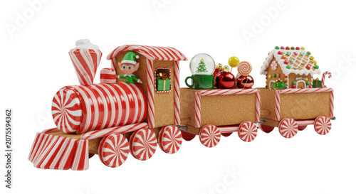 a hyper-detailed, glossy miniature candy cane steam train, driven by a cute gingerbread elf, delivering hot chocolate and baubles on a white studio background with bokeh. concept of edible holiday