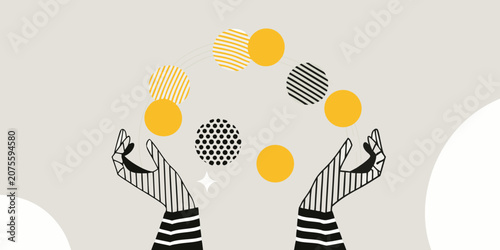 Cuadro en lienzo Hands Juggling Coins Minimalist Vector Illustration With Striped Patterns
