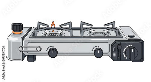 Portable gas stove with compact tabletop burner, outdoor cooking setup for camping and picnics.