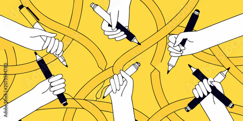 Obraz na plátně Hands Holding Writing Utensils Vector Illustration On Yellow Background