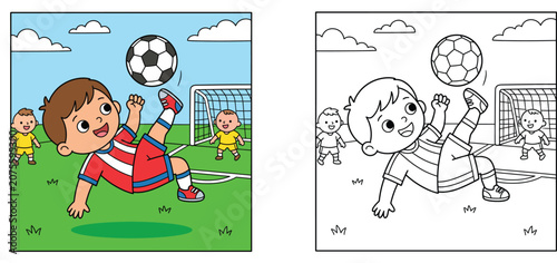 Tableau sur toile Kids soccer coloring page with colored template, cartoon boy doing bicycle kick on football field, vector illustration for children coloring book