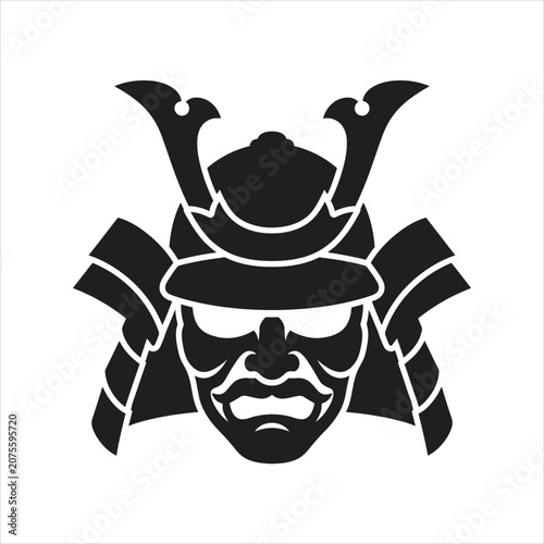 A professional vector illustration of a samurai helmet with a stern face, symbolizing Japanese culture and warrior spirit, in a bold black and white design.