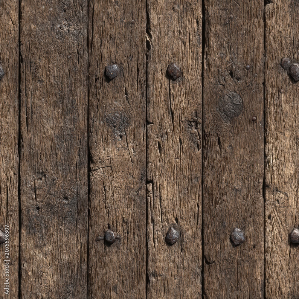 Obraz premium Medieval aged oak planks with industrial iron bolt fasteners background vertical medieval construction distressed material