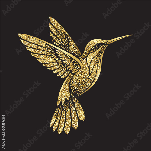 Beautiful flying hummingbird made of sparkling golden glitter particles vector illustration