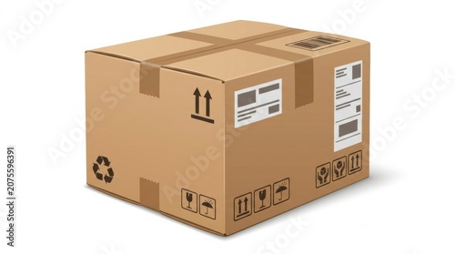 Brown cardboard box with shipping labels and handling instructions set against a plain background