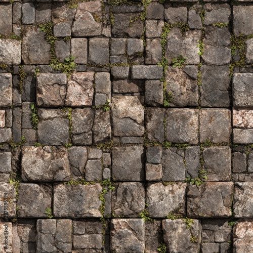 Weathered stone masonry wall with green moss infill weathered background
