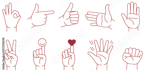Vászonkép Set of outline hand gestures and finger signs showing communicative signals for