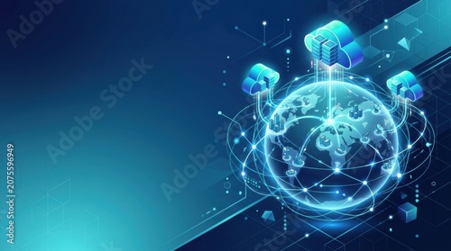 Global data network connecting cloud servers with digital communication elements and graphics illustrating technology and connectivity
