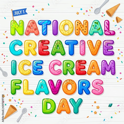 Isometric Flat Vector Illustration of Sixteen Colorful Ice Cream Scoops Arranged as Block Letters with July 1 Flags on White Table


