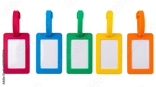 Five colorful blank plastic luggage tags isolated on transparent background.