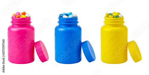 Three colorful pill bottles with pills and embossed charts isolated on transparent background.