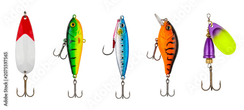 Set of five bright fishing baits isolated on transparent background.