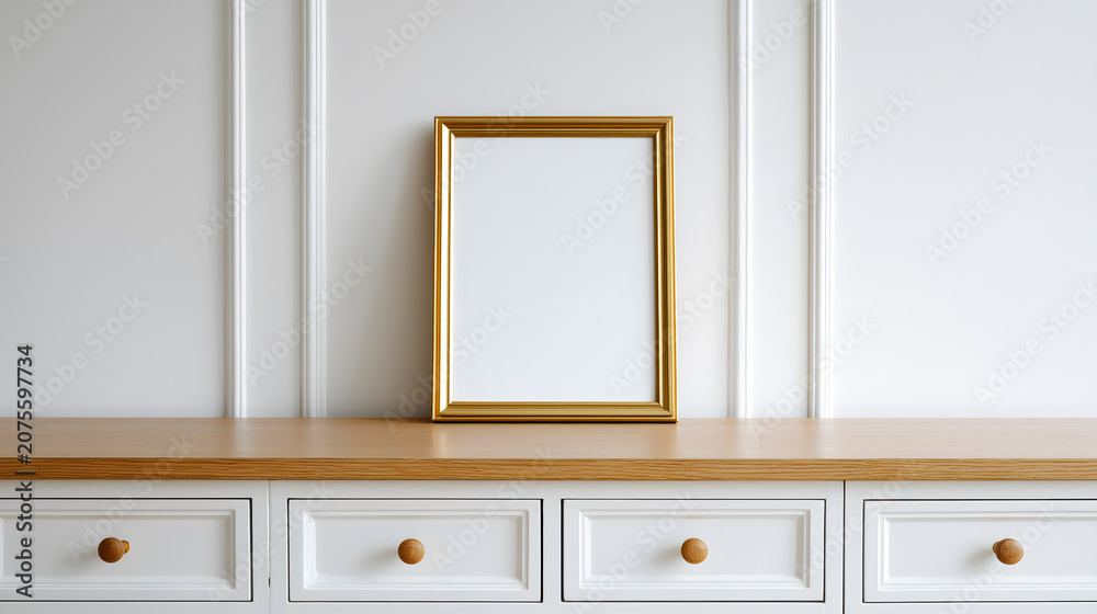 Fototapeta premium Blank Gold Frame Mockup on Wooden Sideboard with White Drawers Against Clean Wall