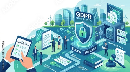 Understanding GDPR compliance and its impact on data privacy in a digital landscape with various activities illustrating the process