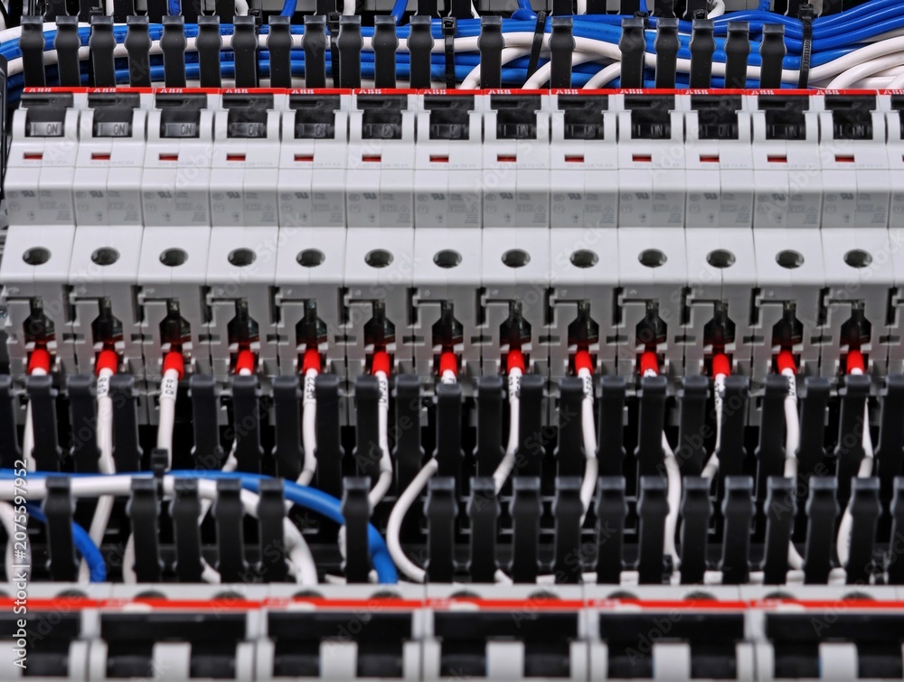 Fototapeta premium Connecting electrical modules using copper insulated electrical wires in the electrical switchboard. 