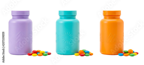 Three opaque colorful pill bottles with scattered pills isolated on transparent background.