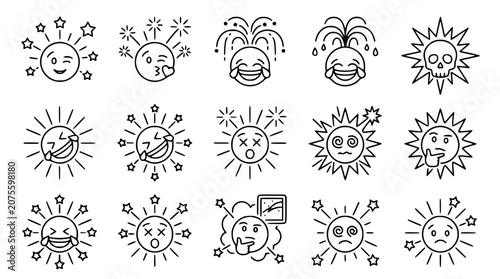 фотографія Sun Face Emoticons: Diverse Emotions and Expressions in Outline Style