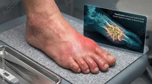Inflamed appendage distress: gout symptom, swollen digit, painful joint, uric crystal, bone erosion, medical diagnosis, acute episode, podagra presentation, patient discomfort.