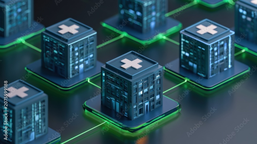Fototapeta premium Multiple hospital icons are linked in a network design. Medical data stays local while AI model insights are shared among hospitals.