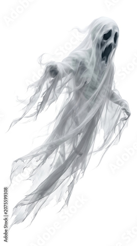 Terrifying floating white phantom with severely tattered ragged fabric flying forward isolated on transparent background.