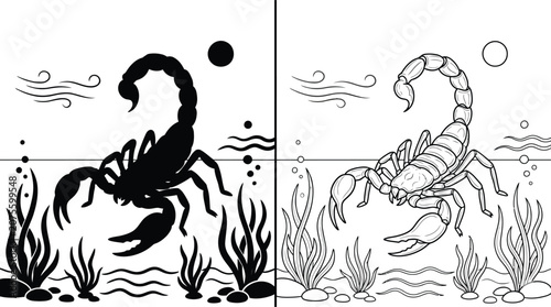 Bild auf Leinwand Scorpion Concept Vector Illustration Featuring a Stylized Dark Silhouette and Outline Drawing, with Underwater Elements