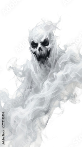 Ethereal spectral skull face emerging from dense swirling white fog isolated on transparent background.