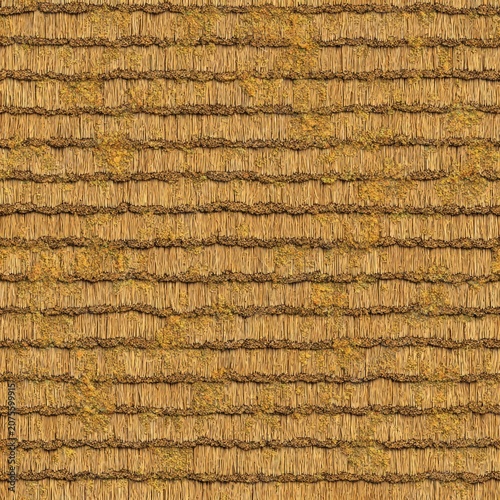 A flat seamless medieval straw roof texture tile, orthographic top-down surface layout, densely packed dried straw bundles, rough organic fibers